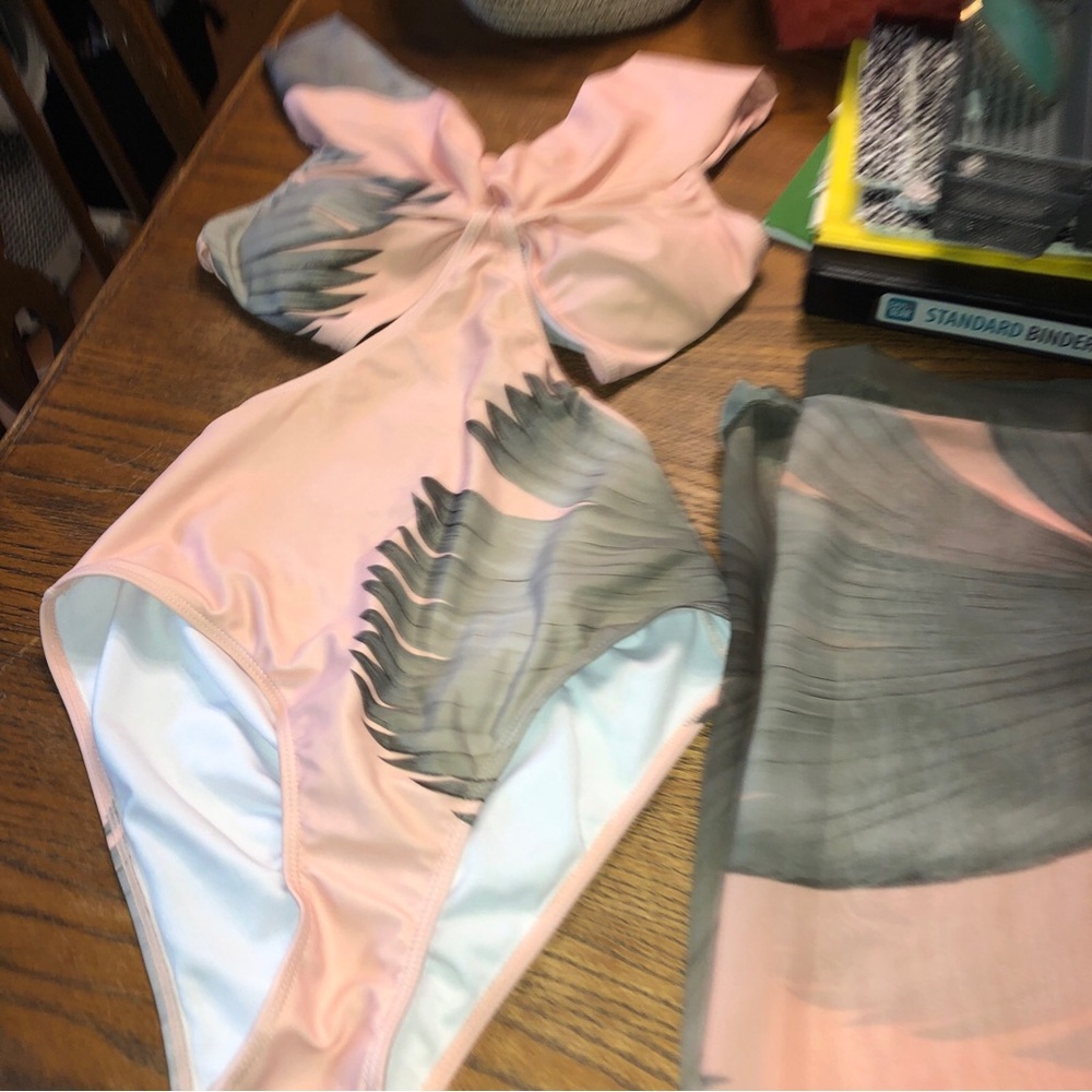 Pink Womens One-Piece Swimsuit with Gray Leaf Print with wrap around skirt